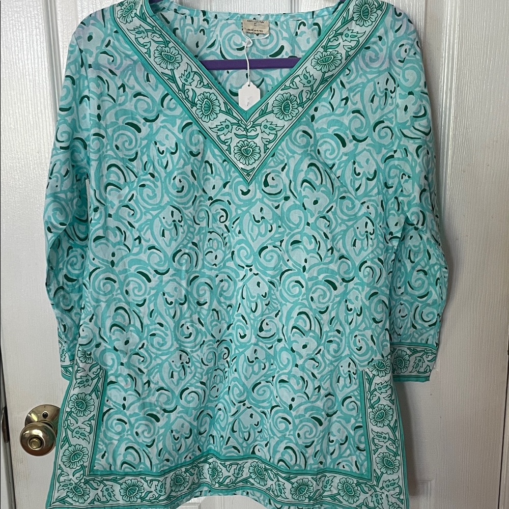Boho chic nwt beach V-Neck Printed Tunic Top - Aqua/Teal